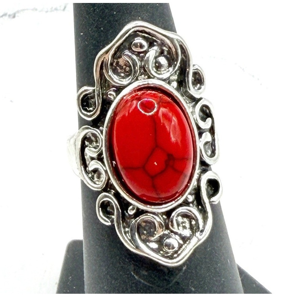New Red Marbled Glass Statement Ring Silver Tone Size 6.25 See Video